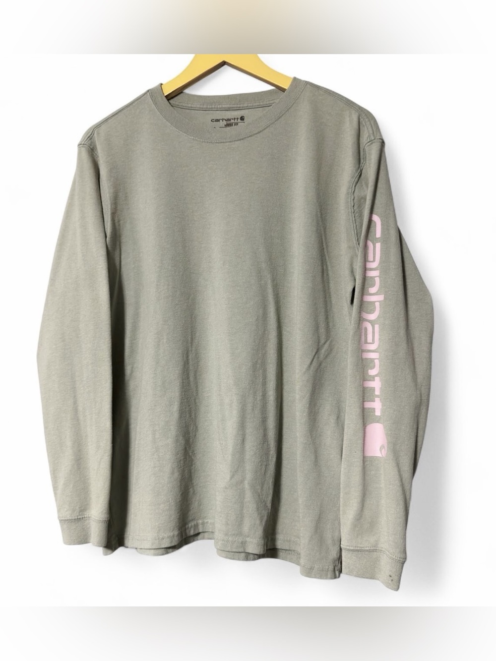 Carhartt green long sleeve shirt with pink logo Size L